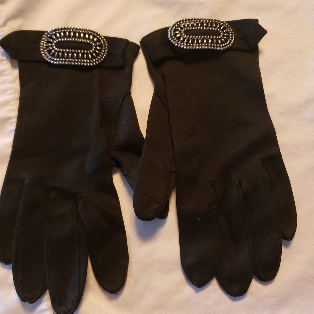 Vintage black dress gloves w attached decorative buckle